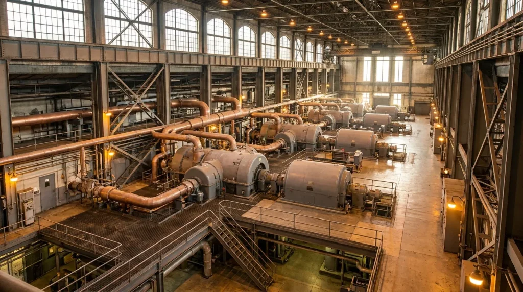 Large power generation turbine hall with industrial turbines, piping, platforms, and supporting infrastructure.