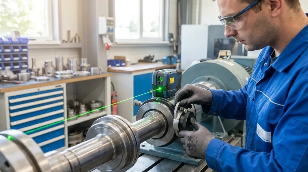Technician performing precision laser alignment on a centrifuge shaft during maintenance.