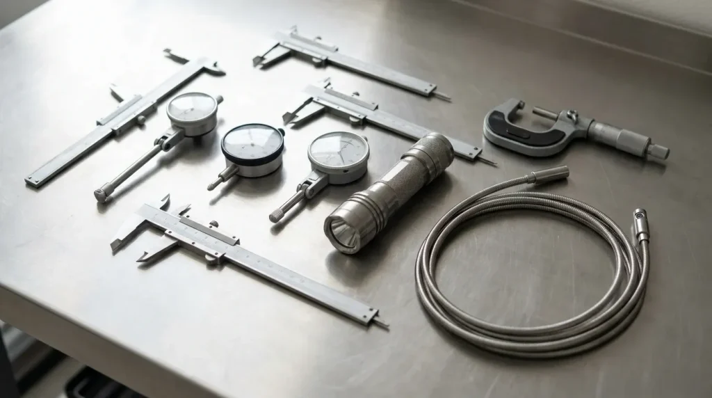Precision measurement tools including calipers, dial indicators, micrometer, and inspection probe used for centrifuge maintenance.