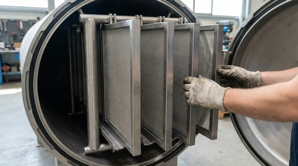 Stacked stainless steel pressure filter leaf elements being removed from a filtration vessel for maintenance and inspection.