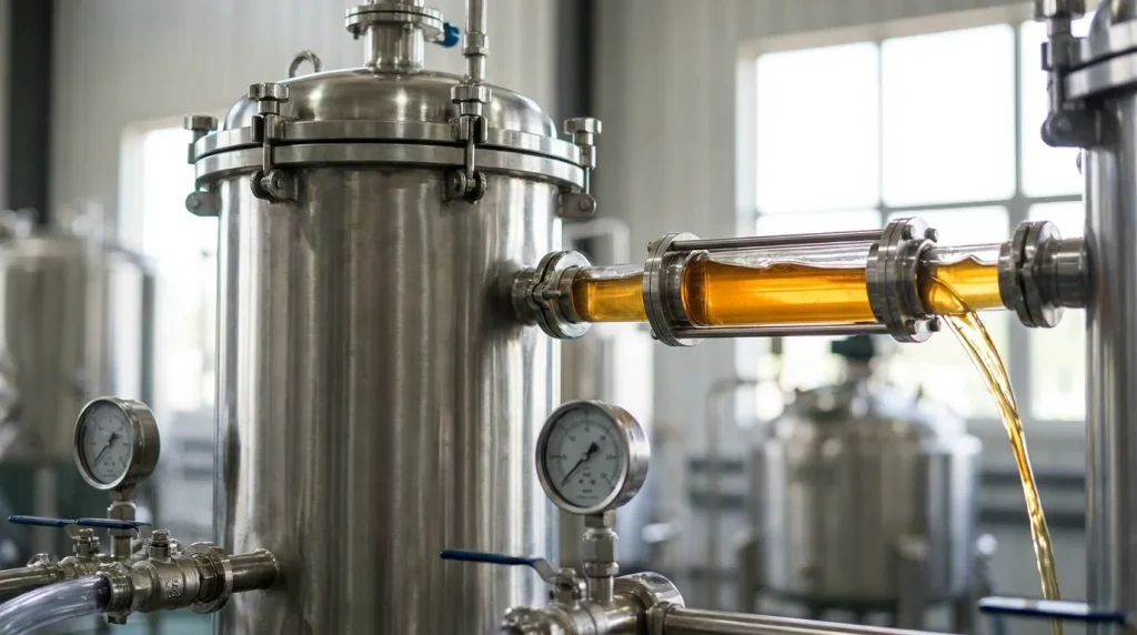 Pressure leaf filter operating with filtered amber liquid flowing through a sight glass during an industrial filtration process.