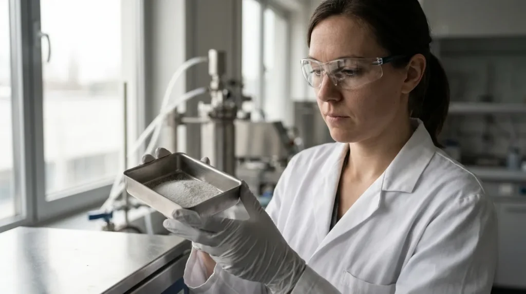 Process engineer inspecting a powder sample during industrial drying quality evaluation.