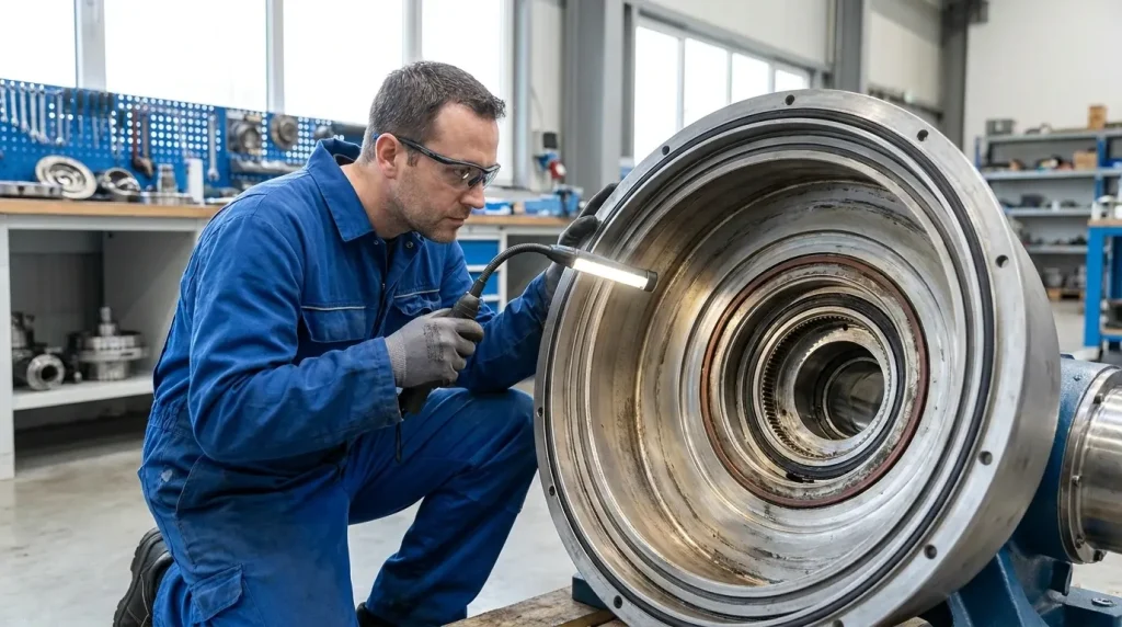 Technician inspecting the internal components of an industrial centrifuge during equipment evaluation.