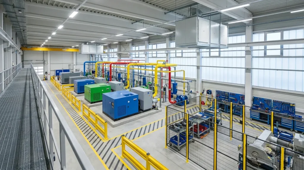 Industrial vacuum pump installation area with color-coded piping, safety barriers, and maintenance workstations in a manufacturing facility.