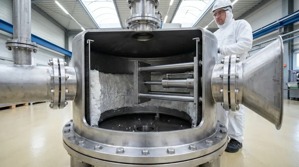 Industrial pusher centrifuge showing the internal basket and reciprocating mechanism used for continuous solids discharge.