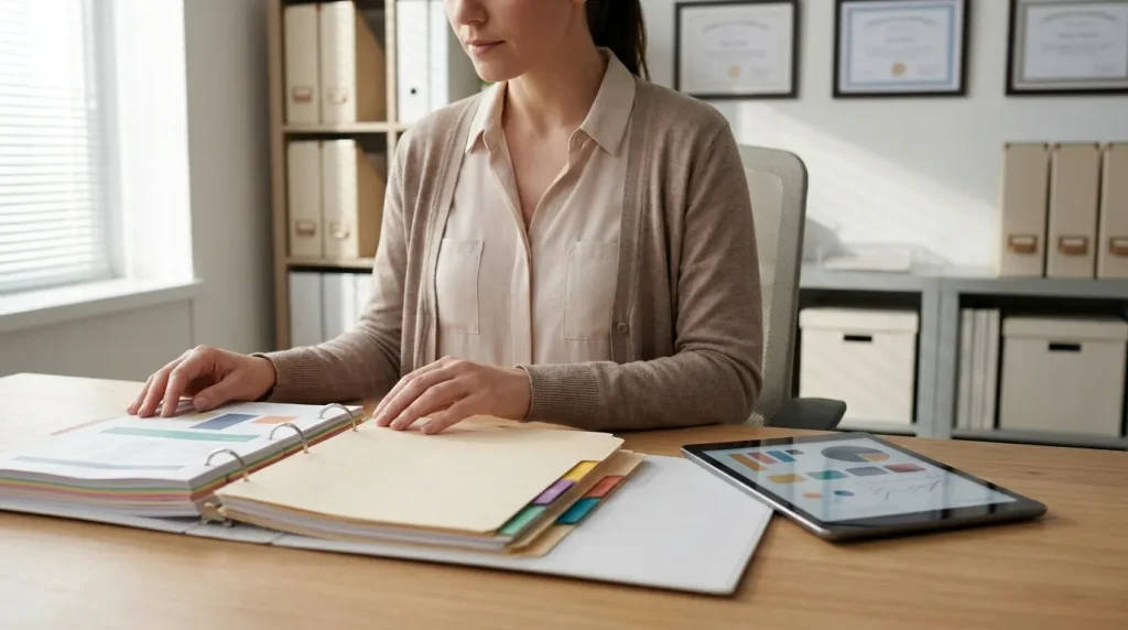Quality professional reviewing qualification documentation and compliance records with a tablet.