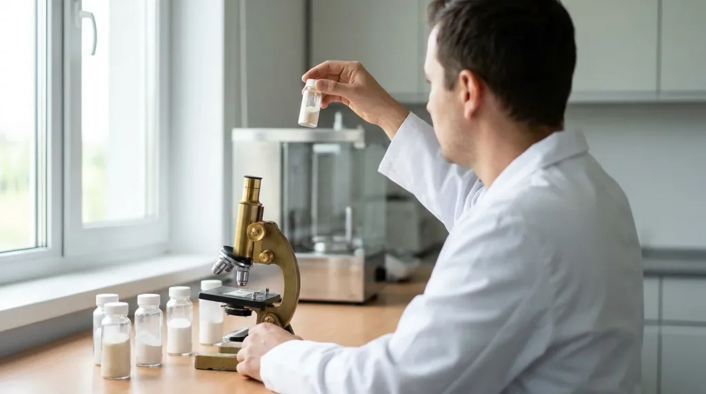 Laboratory technician examining a powder sample during pharmaceutical quality control testing.