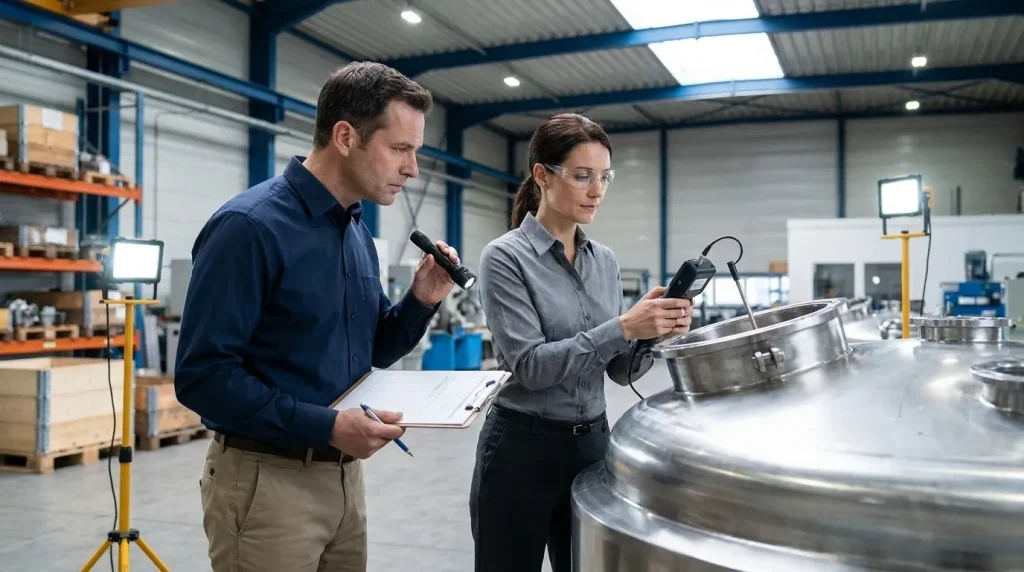 Quality inspectors evaluating a used glass-lined reactor vessel with handheld testing equipment.