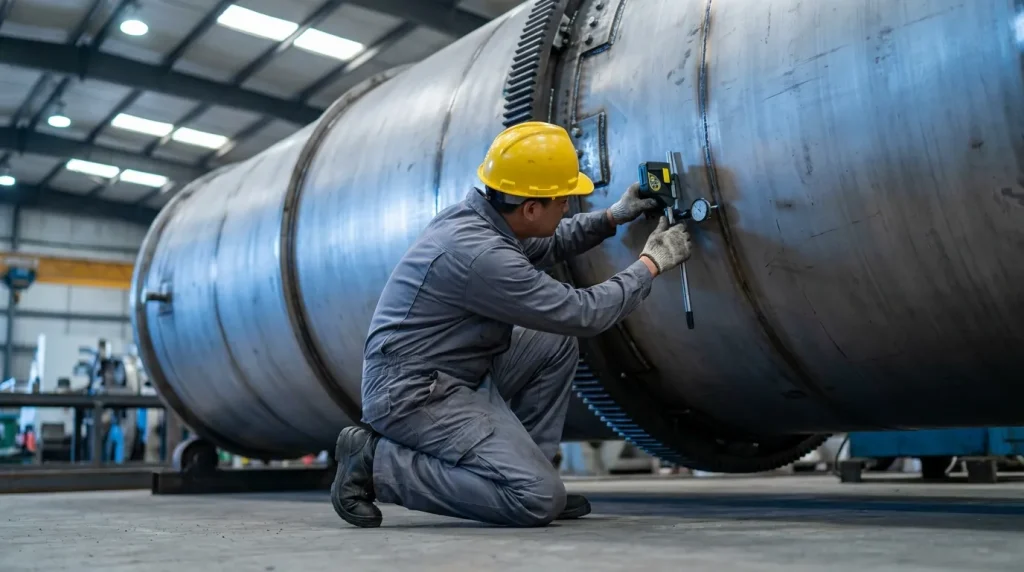 Technician measuring and verifying alignment on a large industrial rotary dryer during equipment inspection.