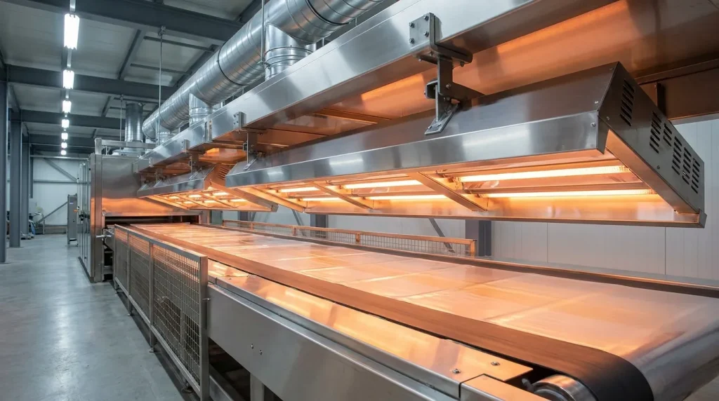 Industrial infrared drying system using radiant heat above a conveyor for electromagnetic heating and moisture removal.