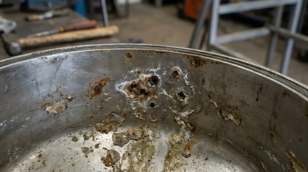 Close-up of corrosion, pitting, and chemical residue causing degradation inside an industrial reactor vessel.