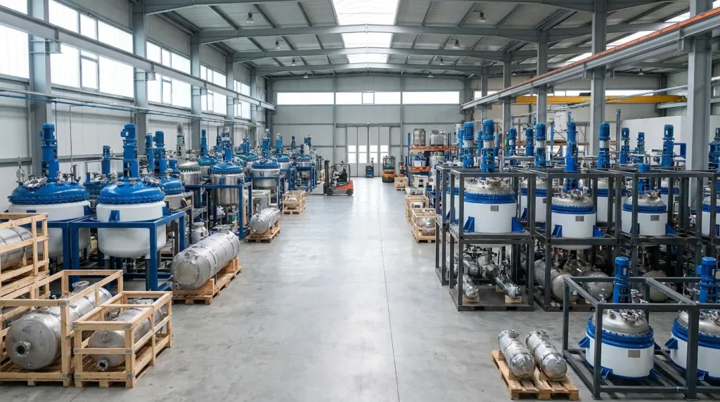 Warehouse filled with glass-lined reactors, vessels, motors, and industrial processing equipment prepared for storage or shipment.