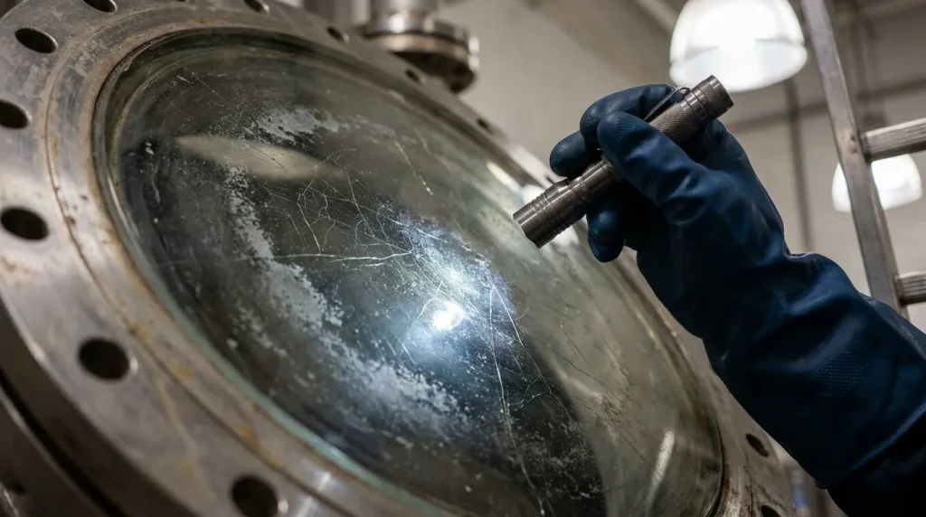 Close-up inspection of scratches and surface damage on a glass-lined reactor using a handheld light.