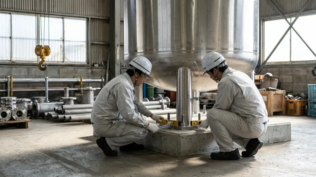 Technicians checking the mechanical installation and leveling of a stainless steel reactor during commissioning.
