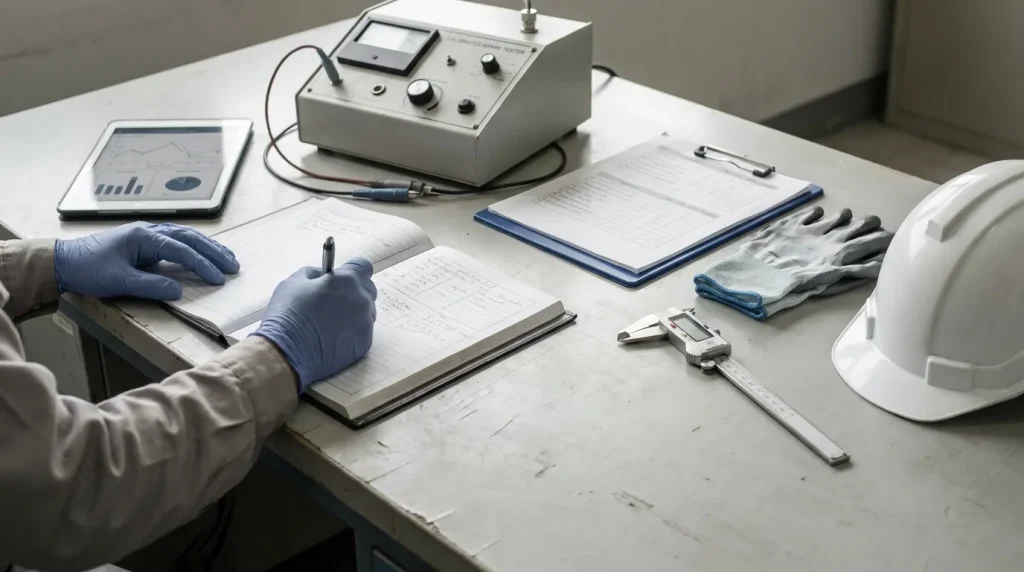 Technician recording reactor testing results with inspection equipment and compliance documentation.