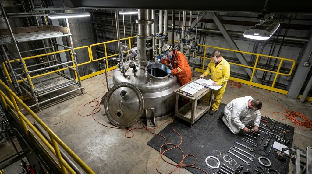 Maintenance team preparing an industrial reactor for a scheduled turnaround with tools, inspection equipment, and documentation.