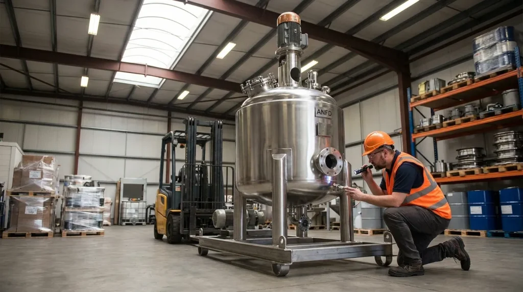 Technician inspecting a refurbished agitated Nutsche filter dryer vessel inside an industrial equipment warehouse.