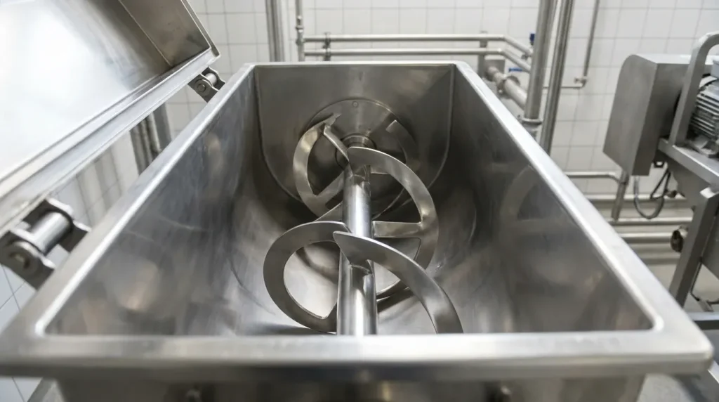 Interior view of a stainless steel ribbon blender showing the mixing trough and ribbon agitator assembly.
