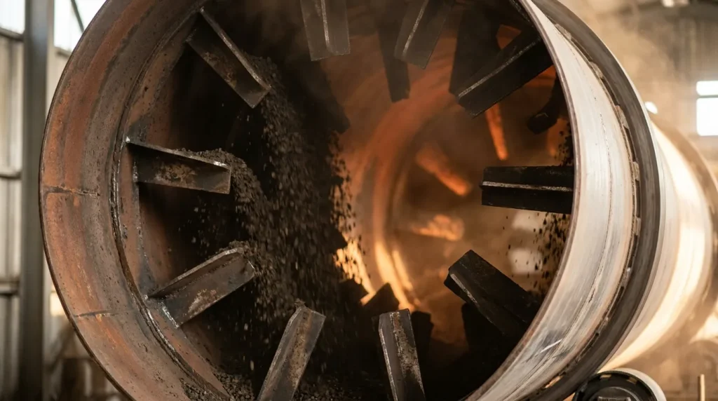 Interior of a rotary dryer showing internal lifting flights that tumble and distribute material during drying.