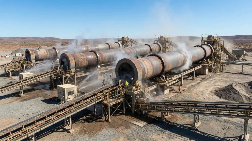 Large rotary dryers processing bulk mineral material at an outdoor mining and industrial processing facility.