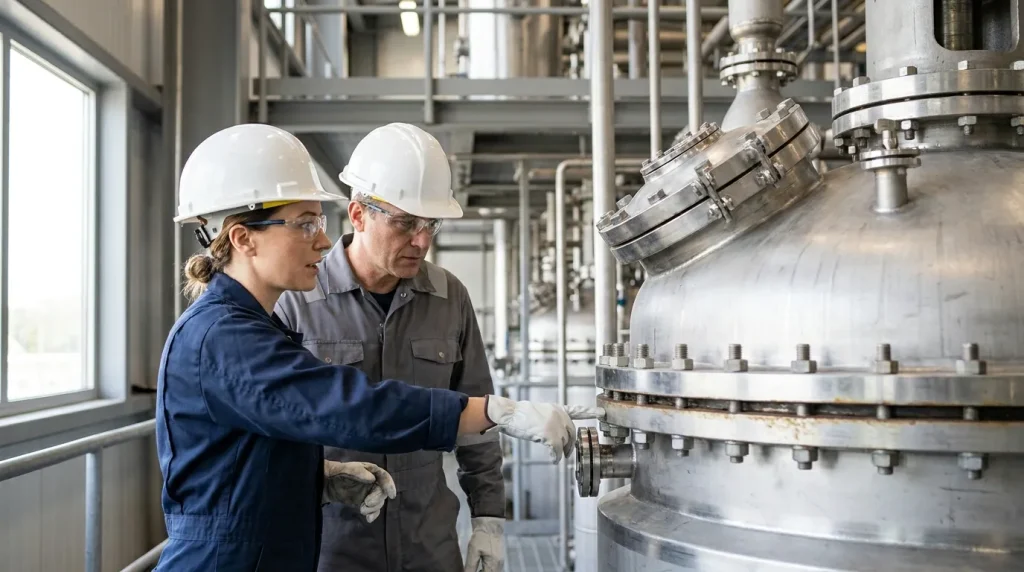 Maintenance team preparing an industrial reactor for a scheduled turnaround with tools, inspection equipment, and documentation.