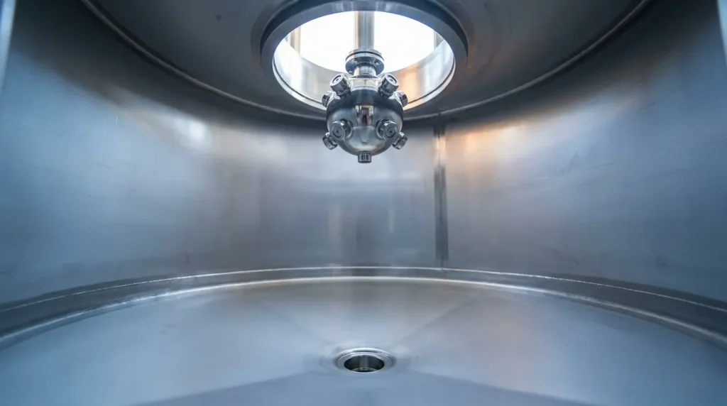 Interior of a sanitary stainless steel tank showing a CIP spray ball for automated cleaning.