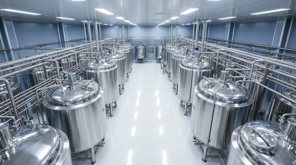 Pharmaceutical manufacturing facility with rows of stainless steel sanitary tanks and process piping.