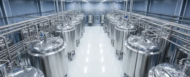 Pharmaceutical manufacturing facility with rows of stainless steel sanitary tanks and process piping.
