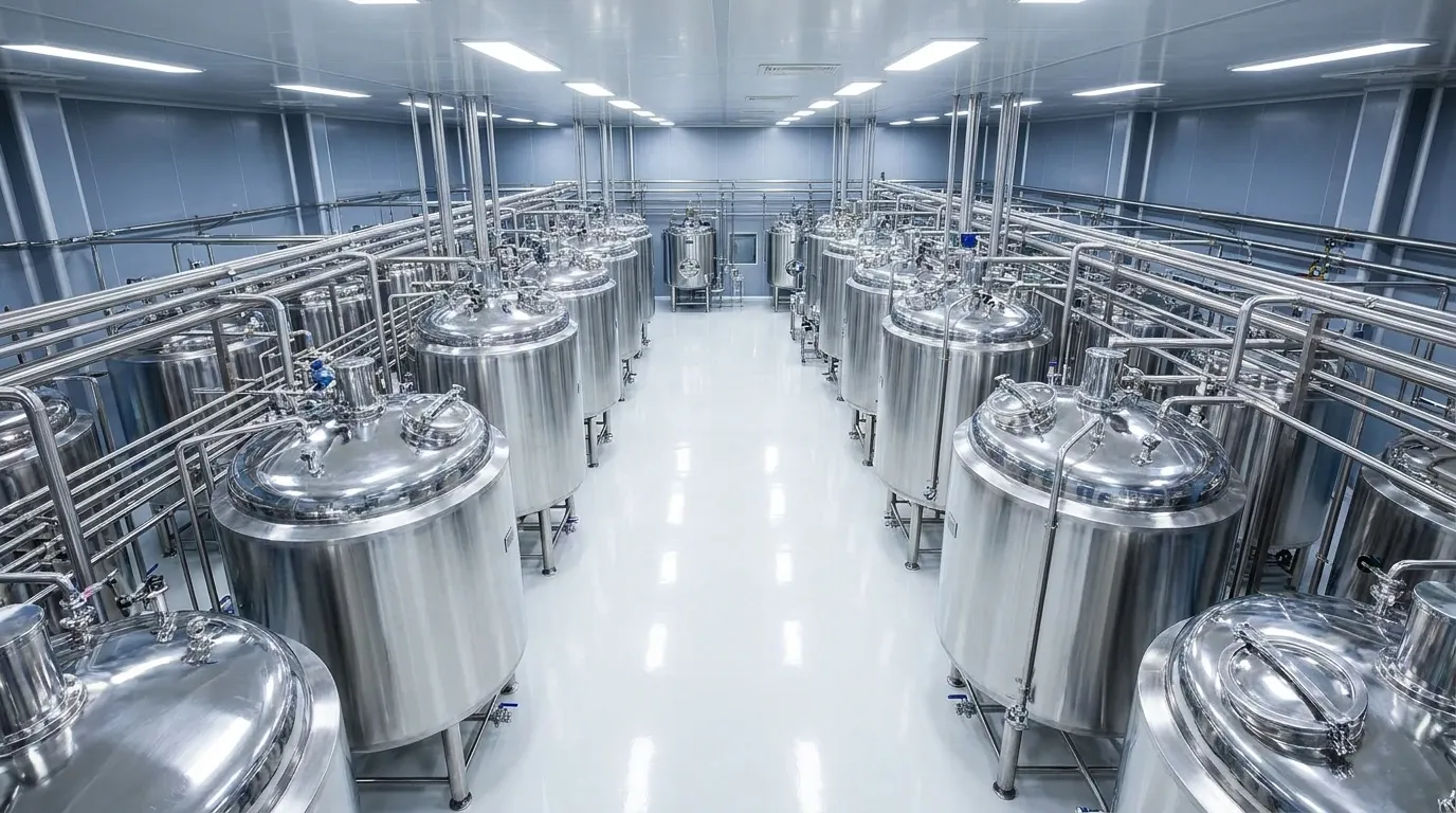 Pharmaceutical manufacturing facility with rows of stainless steel sanitary tanks and process piping.