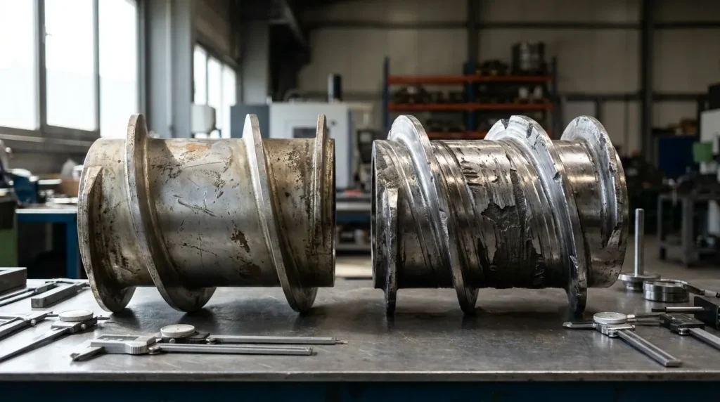 Side-by-side comparison of a worn centrifuge scroll and a refurbished or replacement scroll component.