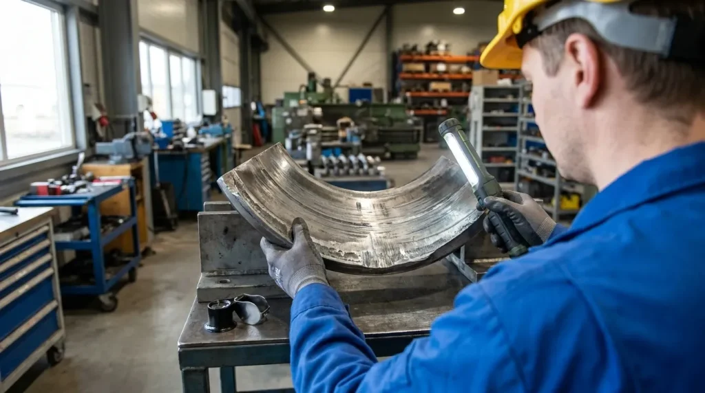 Maintenance technician inspecting wear and surface damage on a centrifuge scroll component using a handheld work light.