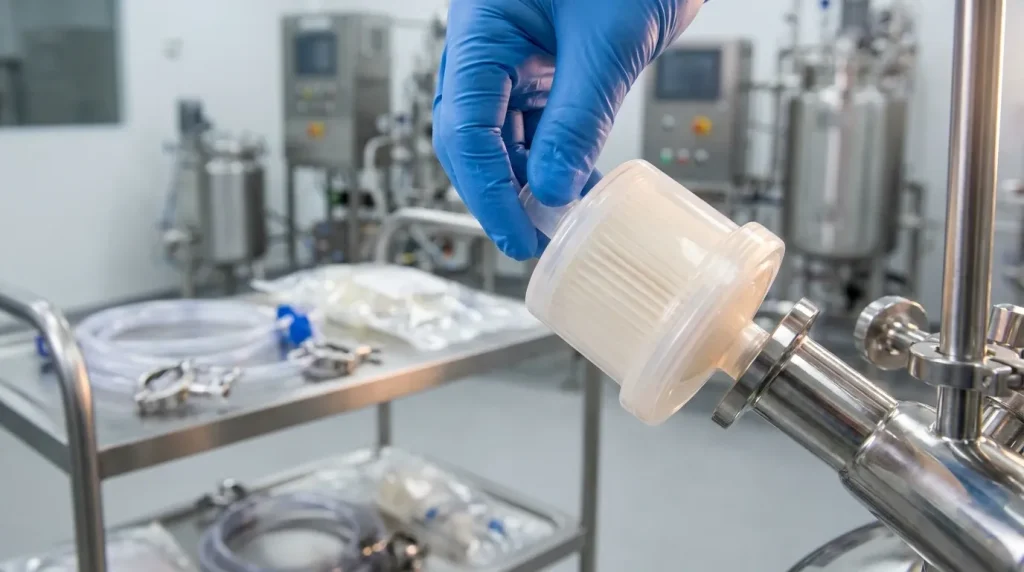 Technician installing a single-use filter cartridge in biopharmaceutical manufacturing equipment.
