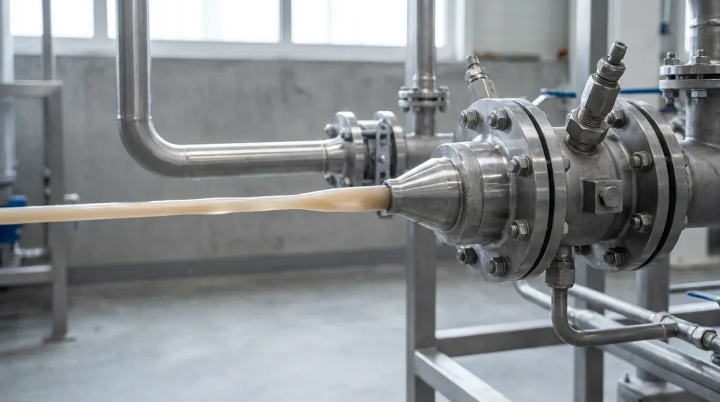 Slurry feed flowing through an industrial atomization nozzle used in a drying process.