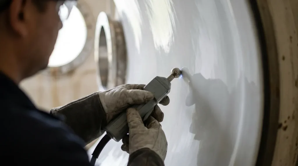 Close-up of a technician using a spark testing probe to inspect a glass-lined reactor surface for defects.