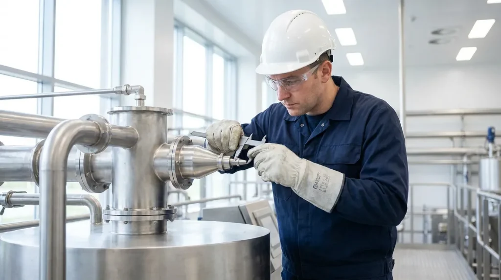 Maintenance technician measuring and inspecting a spray dryer atomizer connection in an industrial processing facility.