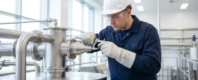 Maintenance technician measuring and inspecting a spray dryer atomizer connection in an industrial processing facility.