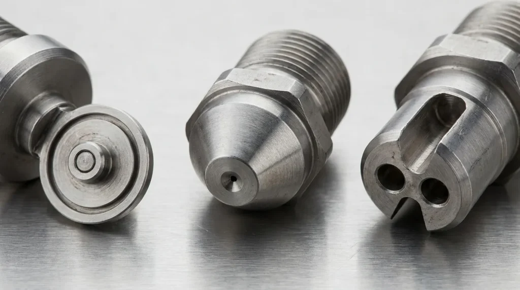 Close-up comparison of stainless steel spray dryer atomizer nozzle components and designs.
