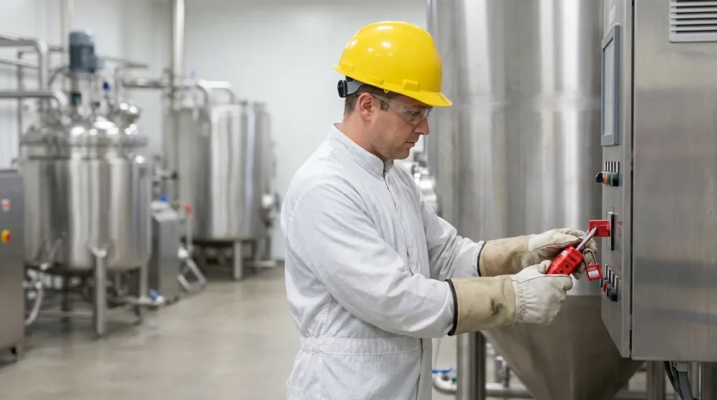 Technician performing lockout tagout safety procedures on spray dryer control equipment before maintenance.