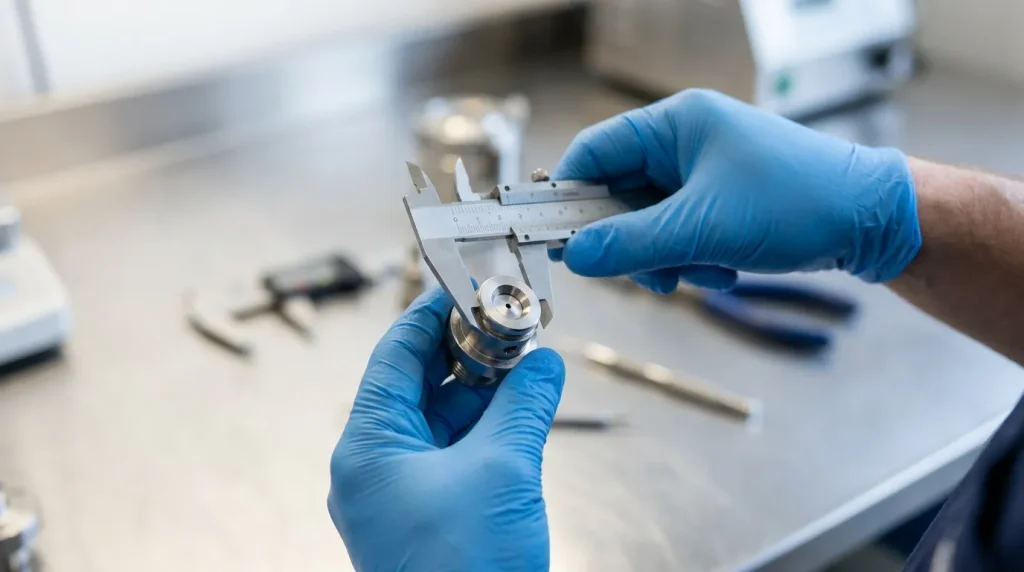 Technician measuring a spray dryer nozzle with a caliper to check component wear and dimensions.