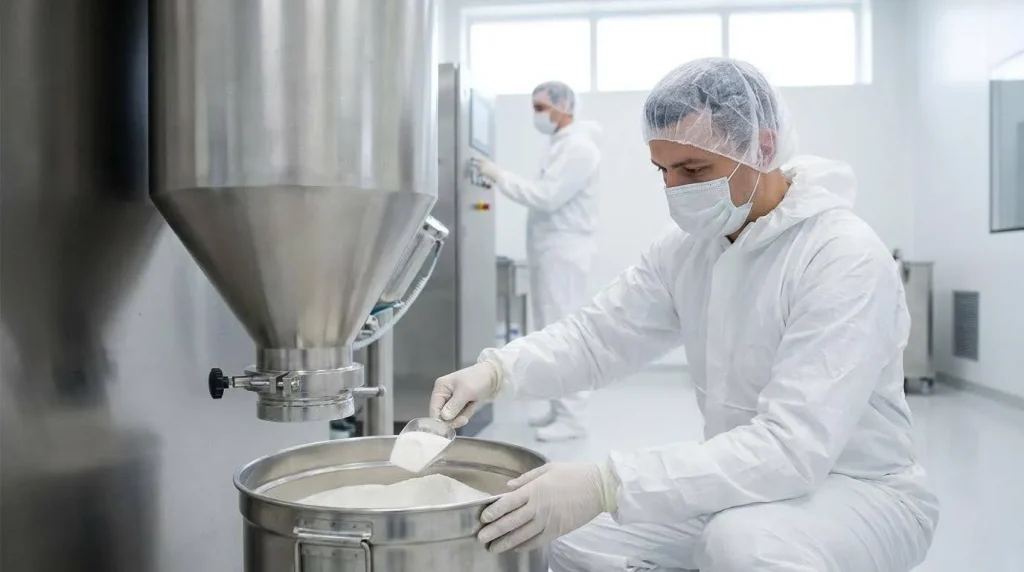 Technician collecting and inspecting dried powder discharged from a stainless steel spray dryer system in a clean processing facility.