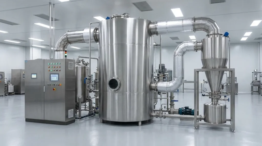Stainless steel spray dryer system showing the drying chamber, cyclone separator, process piping, pumps, and control panel.