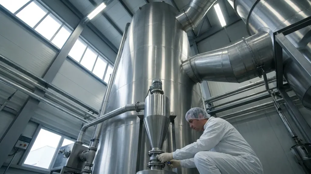 Large vertical spray dryer tower with technician inspecting equipment in a pharmaceutical processing facility.