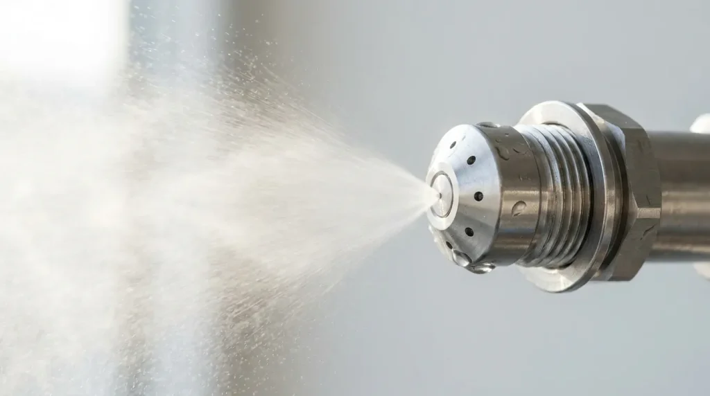 Close-up of a spray dryer atomizing nozzle producing a fine liquid mist during the atomization process.