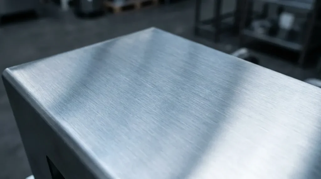 Close-up of a smooth brushed 316 stainless steel surface finish used for industrial processing equipment.