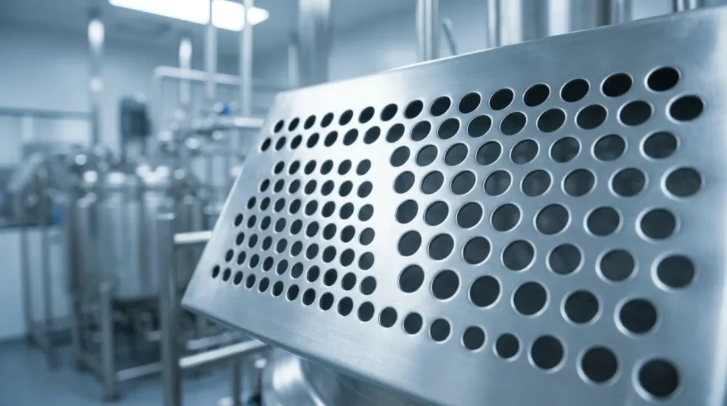 Close-up of a perforated stainless steel distributor plate used in pharmaceutical processing equipment.