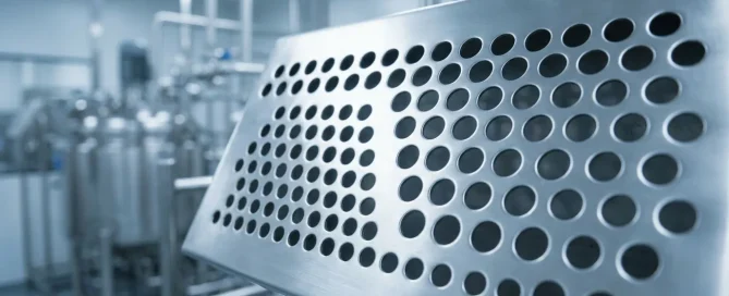 Close-up of a perforated stainless steel distributor plate used in pharmaceutical processing equipment.