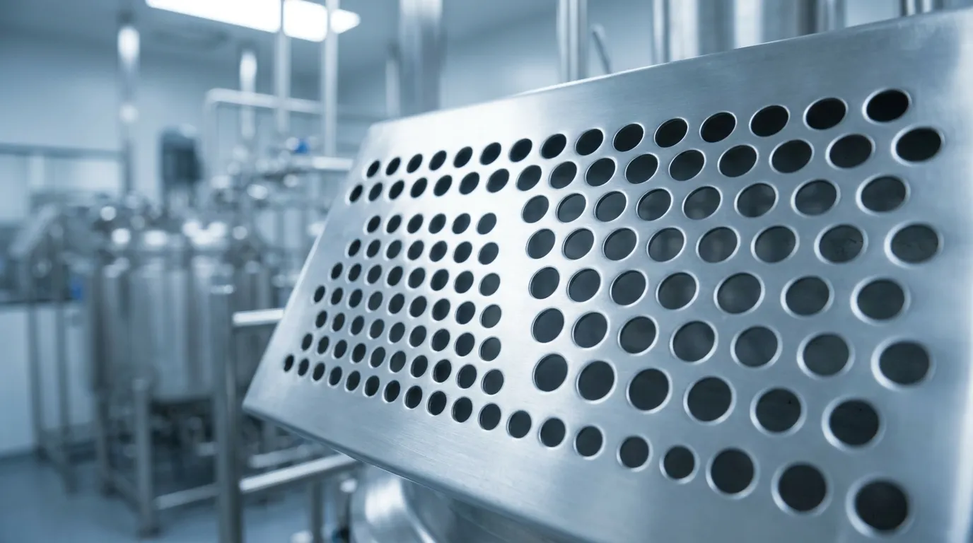 Close-up of a perforated stainless steel distributor plate used in pharmaceutical processing equipment.