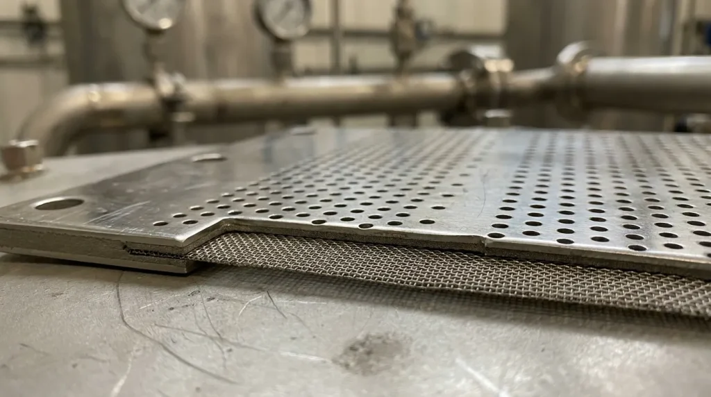 Close-up of a stainless steel filter plate and mesh assembly showing construction details for industrial filtration equipment.