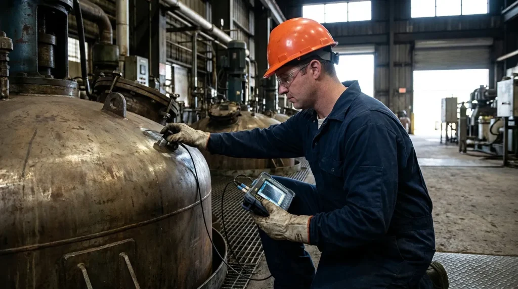 Industrial technician performing structural integrity testing on a process vessel using electronic inspection equipment.