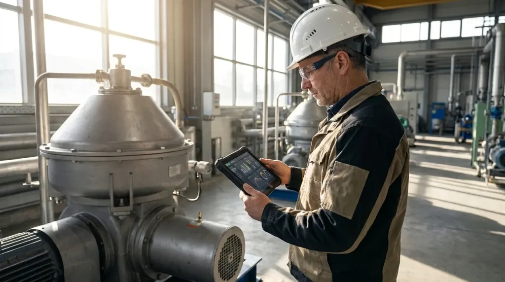 Maintenance supervisor reviewing industrial centrifuge performance and service records on a digital tablet.
